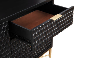Black Pearl Media Console - Stylish Storage with Textured Fronts, Gold Accents & Mahogany Finish