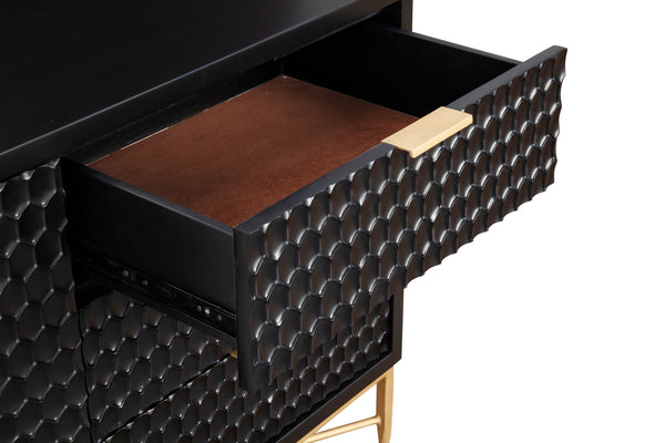 Black Pearl Media Console - Stylish Storage with Textured Fronts, Gold Accents & Mahogany Finish