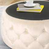 Chana Glam Velvet and Tempered Glass Coffee Table Ottoman, Beige Noble House