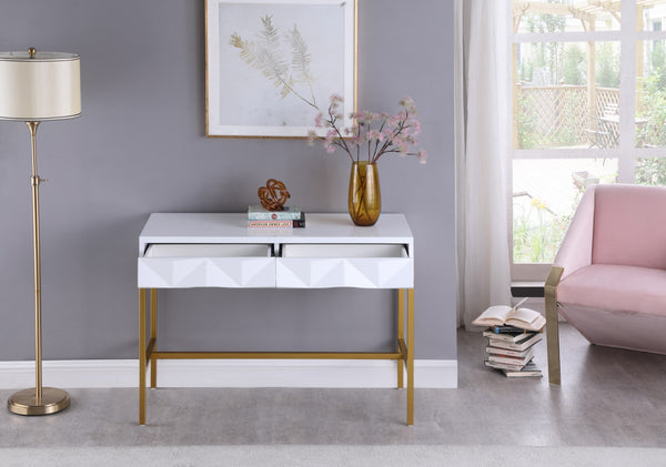 Pandora Iron / Engineered Wood Contemporary White Laquer with Gold Console Table - 43.5" W x 18" D x 31" H