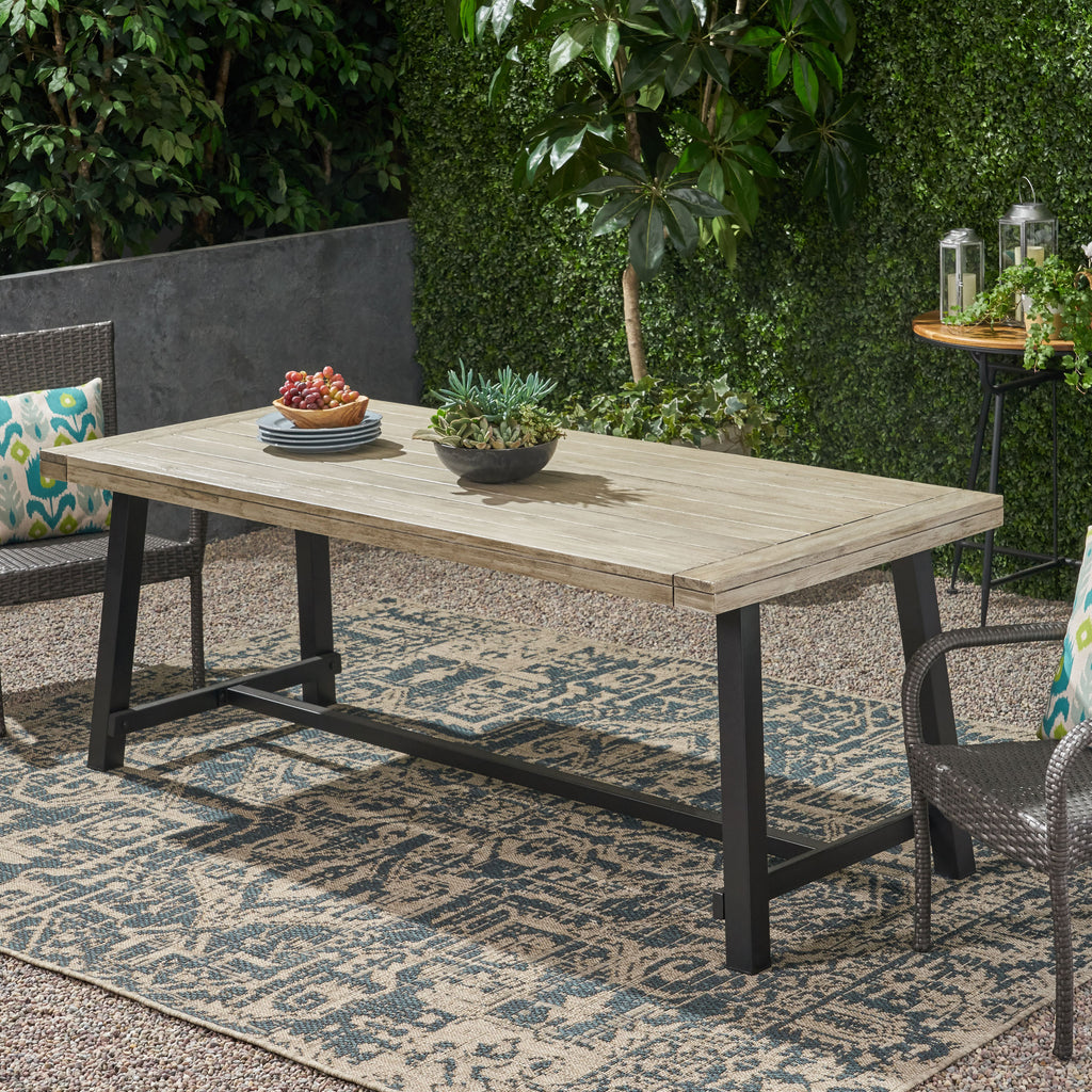 Carlisle Outdoor Eight Seater Iron Dining Table, Light Gray and Black Finish Noble House
