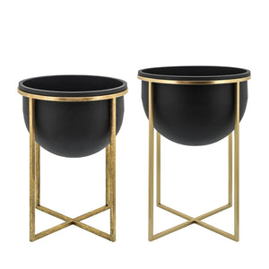 Sagebrook Home Contemporary Metal Set of 2 -  11/12" Planters W/ Stand, Blk/gold 16391-01 Black Metal