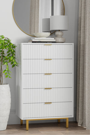 Casey Chest - Elegant White Mahogany Storage with Textured Drawers & Gold Accents, Fully Assembled
