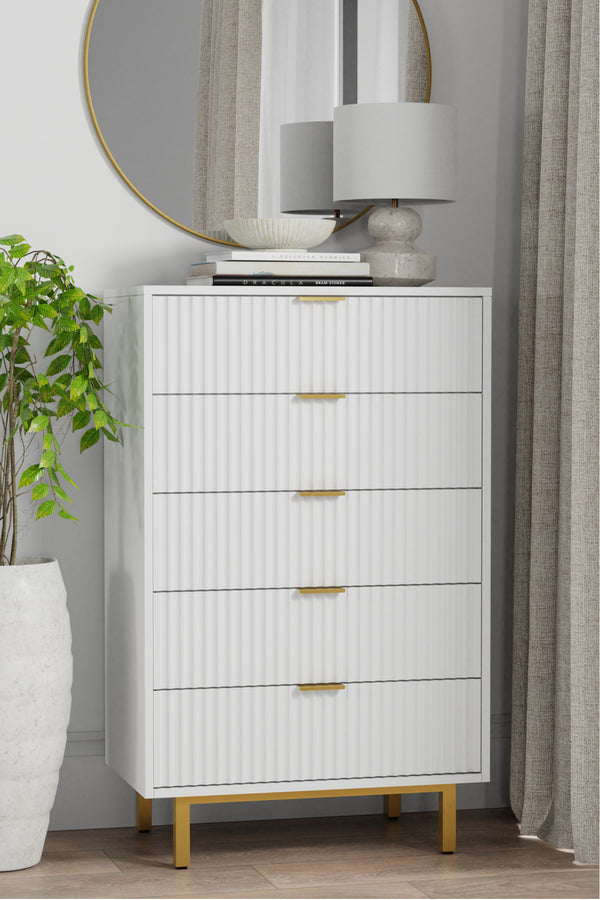 Casey Chest - Elegant White Mahogany Storage with Textured Drawers & Gold Accents, Fully Assembled