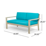 Santa Ana Outdoor 4 Seater Acacia  Wood Chat Set with Cushions, Wire Brushed Light Gray and Teal Noble House