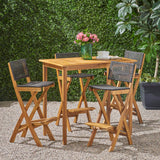 Polaris Outdoor 45" Rectangular 5 Piece Wood and Wicker Bar Height  Set, Natural Finish and Brown Noble House