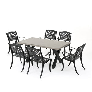 Capri Outdoor 7 Piece Dining Set with Lightweight Concrete Rectangular Table and Black Sand Finished Cast Aluminum Dining Chairs Noble House