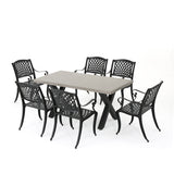 Capri Outdoor 7 Piece Dining Set with Lightweight Concrete Rectangular Table and Black Sand Finished Cast Aluminum Dining Chairs