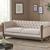 Castalia Chesterfield Tufted Fabric 3 Seater Sofa with Nailhead Trim, Beige and Dark Brown Noble House