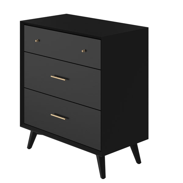 Alpine Furniture Flynn Mid Century Modern 3 Drawer Small Chest, Black 966BLK-04 Black Mahogany Solids & Okoume Veneer 32 x 18 x 36