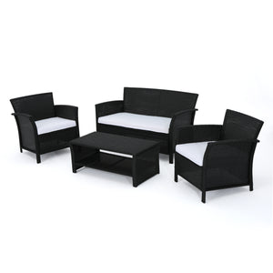 St. Lucia Outdoor 4 Piece Black Wicker Chat Set with White Water Resistant Cushions Noble House