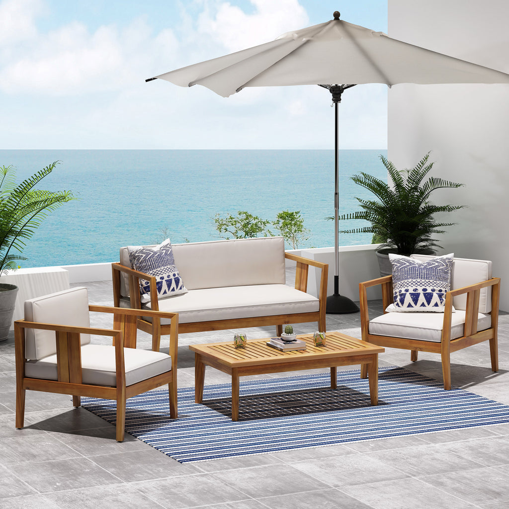 Nicholson Outdoor 4 Seater Acacia Wood Chat Set, Teak and Beige Noble House
