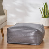 Baddow Contemporary Faux Leather Channel Stitch Rectangular Pouf, Gray Noble House