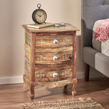 Noble House Ailey Handcrafted Boho Mango Wood 3 Drawer Nightstand, Natural and Multi-Colored