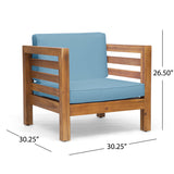 Oana Outdoor 8 Seater Acacia Wood Sofa and Club Chair Set, Teak Finish and Blue Noble House