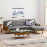Fluhr Mid-Century Modern Fabric Chaise Sectional, Gray and Dark Walnut Noble House