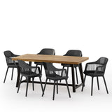 Noble House Dahlia Outdoor Wood and Resin 7 Piece Dining Set, Black and Sandblasted Teak