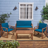 Andora Outdoor Acacia Wood 4 Piece Chat Set with Cushions, Brown and Dark Teal Noble House