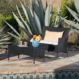 Malta Outdoor Black Wicker Loveseat and Coffee Table Set with White Water Resistant Cushions Noble House