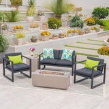 Camiguin Outdoor 4 Seater Aluminum Chat Set with Light Weight Concrete Fire Pit, Dark Gray and Light Gray Noble House