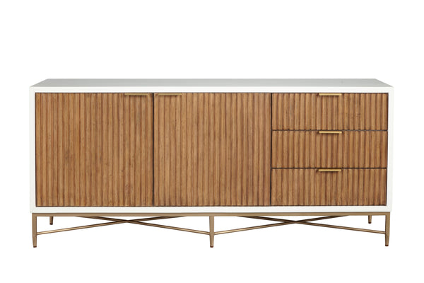 Larsen TV Console - Elegant White Mahogany with Gold Accents, Fully Assembled & Stylish Design