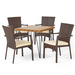 Tatum Outdoor Industrial Wood and Wicker 5 Piece Square Dining Set, Teak and Brown and Crème Noble House