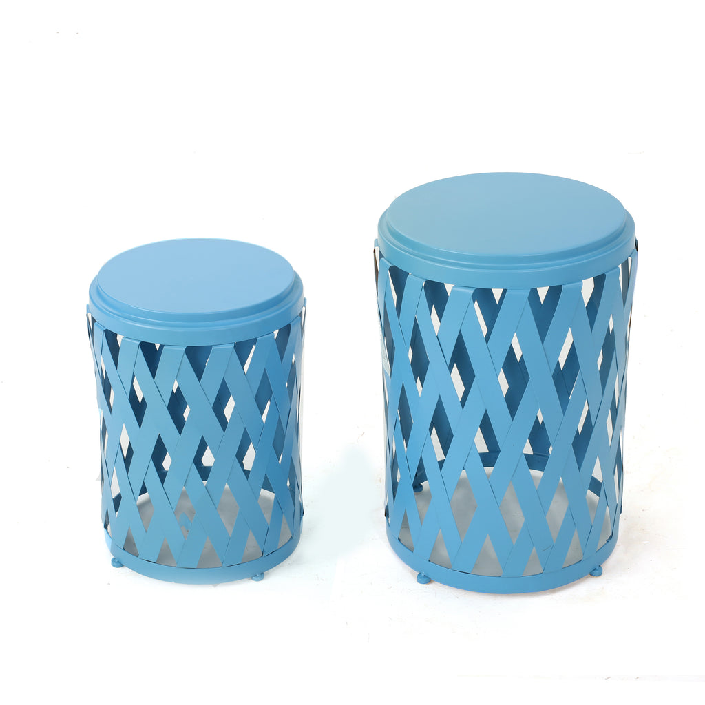 Selen Outdoor Small and Large Matte Blue Iron Side Table Set Noble House