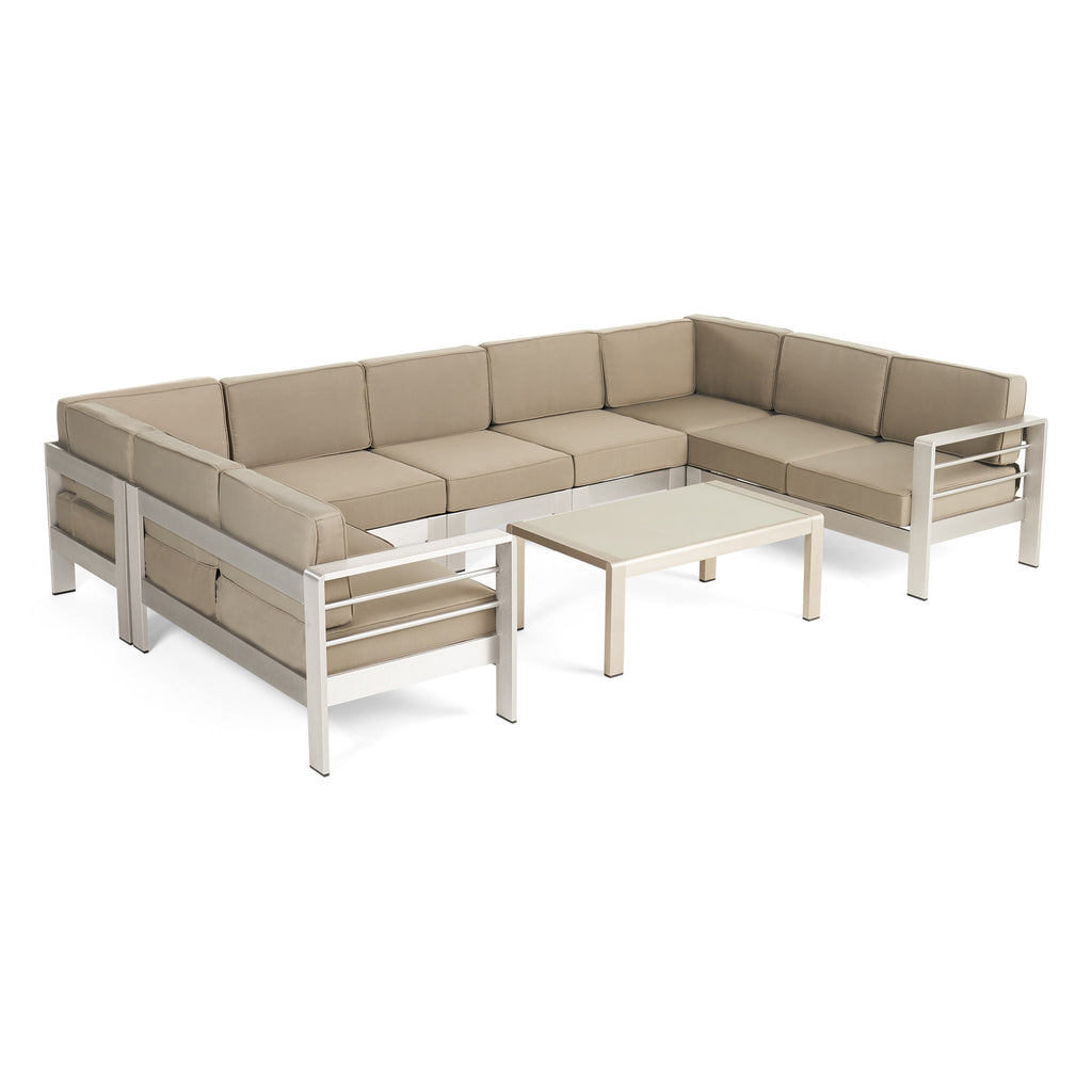 Cape Coral Outdoor 9-Seater Aluminum Sectional Sofa Set with Coffee Table, Silver and Khaki Noble House
