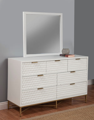 White Pearl Dresser with 7 Drawers, Textured Fronts & Gold Accents - Contemporary Storage Solution