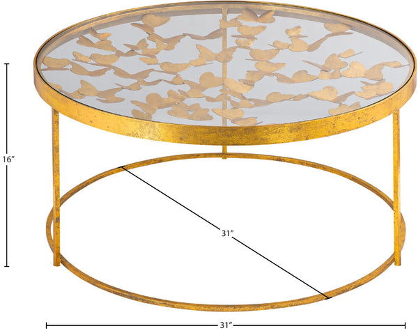 Butterfly Glass / Iron Contemporary Gold Coffee Table - 31" W x 31" D x 16" H