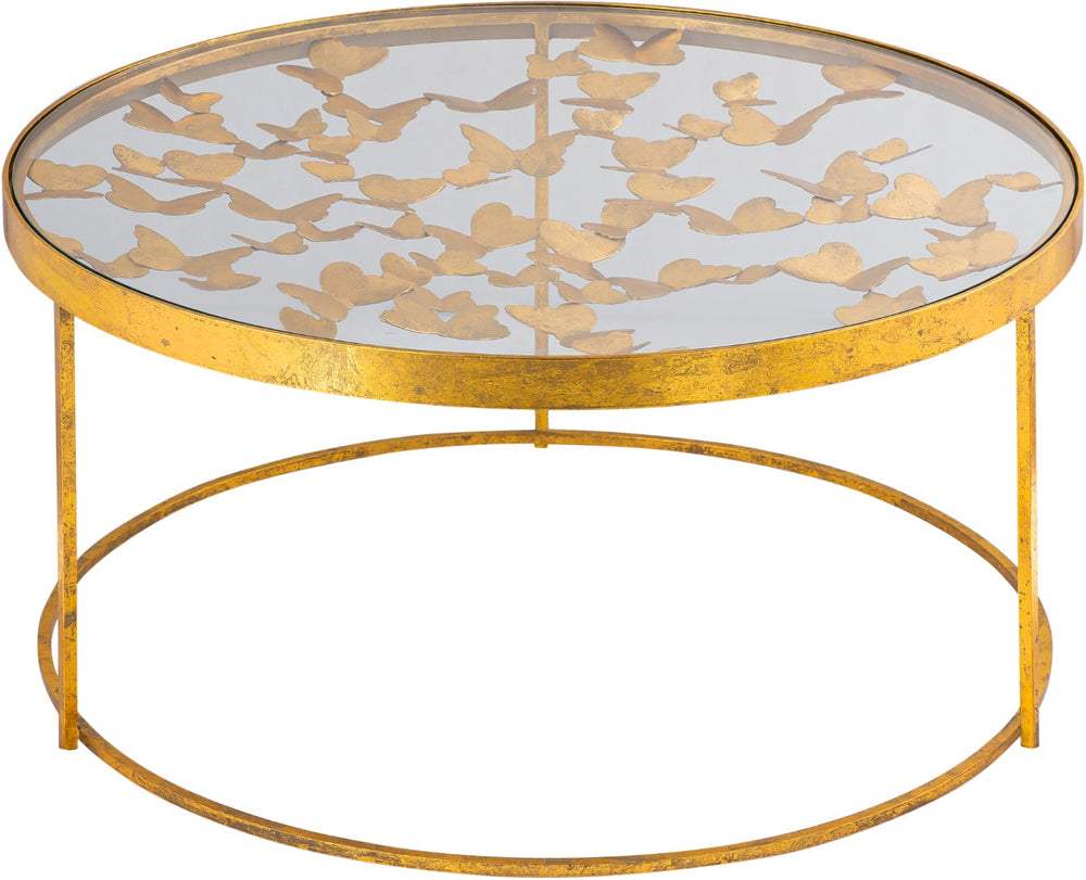 Butterfly Glass / Iron Contemporary Gold Coffee Table - 31" W x 31" D x 16" H
