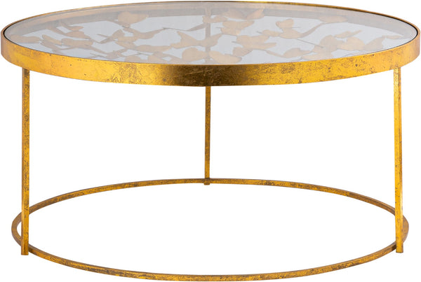 Butterfly Glass / Iron Contemporary Gold Coffee Table - 31" W x 31" D x 16" H