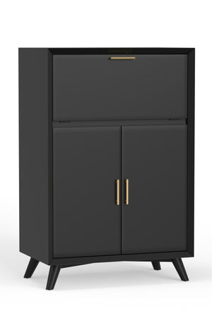 Alpine Furniture Flynn Large Bar Cabinet w/Drop Down Tray, Black 966BLK-16 Black Mahogany Solids & Veneer 32 x 19 x 51