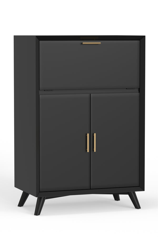 Alpine Furniture Flynn Large Bar Cabinet w/Drop Down Tray, Black 966BLK-16 Black Mahogany Solids & Veneer 32 x 19 x 51