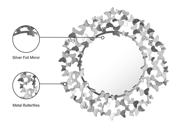 Butterfly Glass  / Iron / Wood Contemporary Silver Mirror - 36" W x 2" D x 36" H