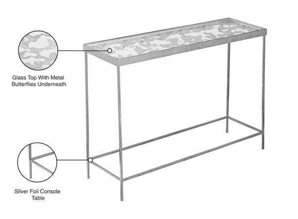 Butterfly Glass / Iron Contemporary Silver Console Table - 40" W x 12.25" D x 30" H