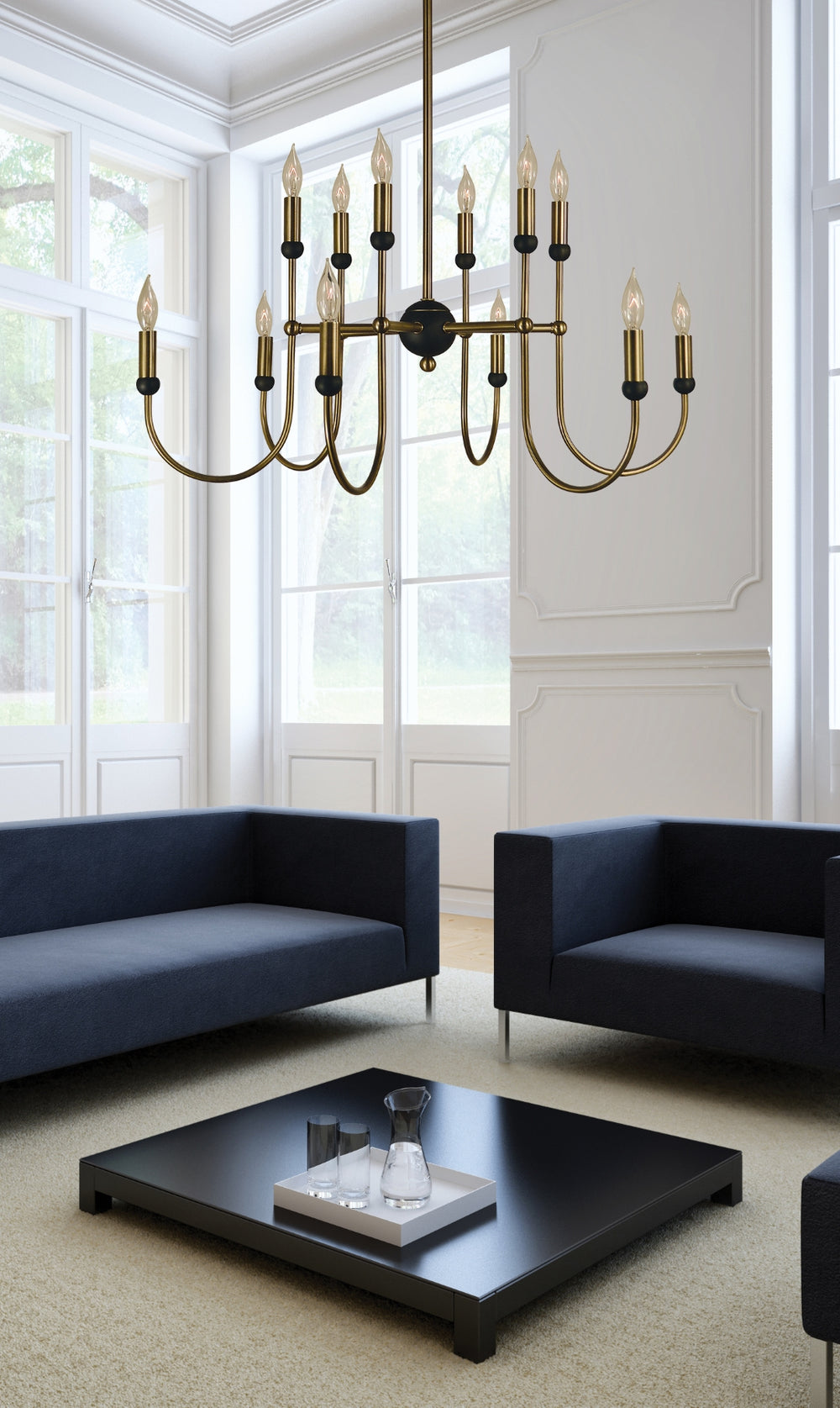 12-Light Antique Brass/Matte Black Nicole Chandelier