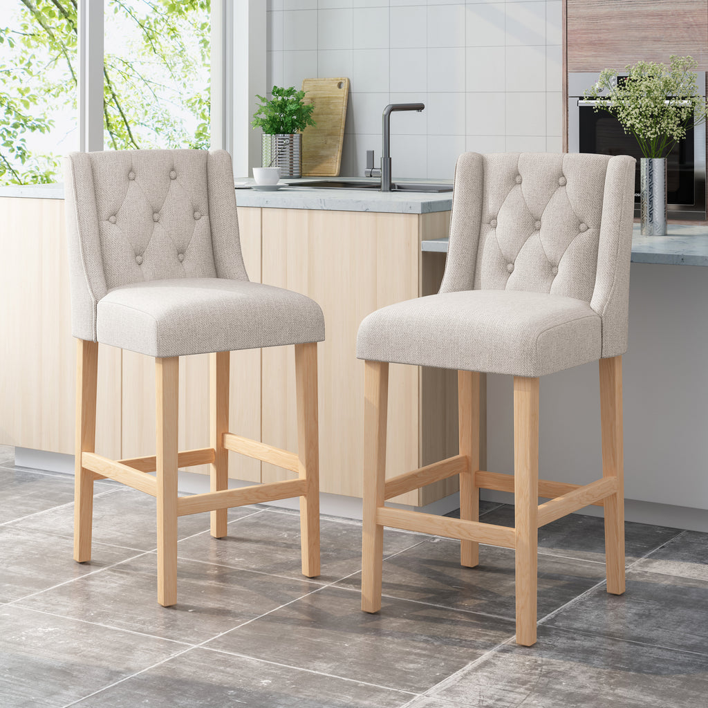 Noble House Lansglen Button Tufted Fabric Wingback Bar Stool (Set of 2), Light Gray and Natural