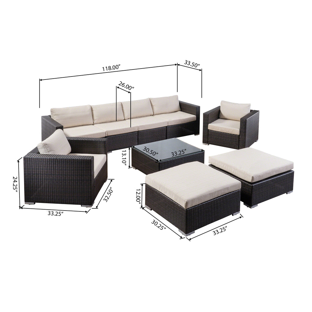 Santa Rosa Outdoor 6 Seater Multibrown Wicker Sectional with Aluminum Frame and Beige Water Resistant Cushions Noble House