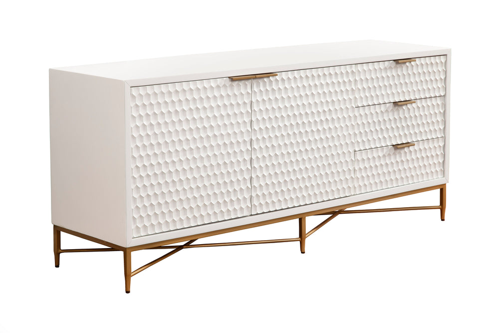 White Pearl Media Console - Contemporary Design with Gold Accents, Ample Storage & Textured Style