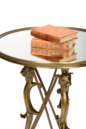 Lion In The Library Table - Stunning Brass Design with Lion Head Detail and Elegant Round Mirror Top