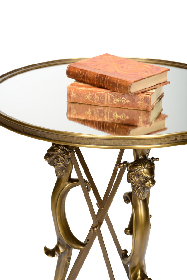 Lion In The Library Table - Stunning Brass Design with Lion Head Detail and Elegant Round Mirror Top