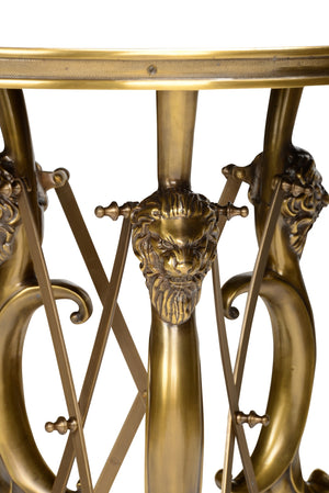 Lion In The Library Table - Stunning Brass Design with Lion Head Detail and Elegant Round Mirror Top