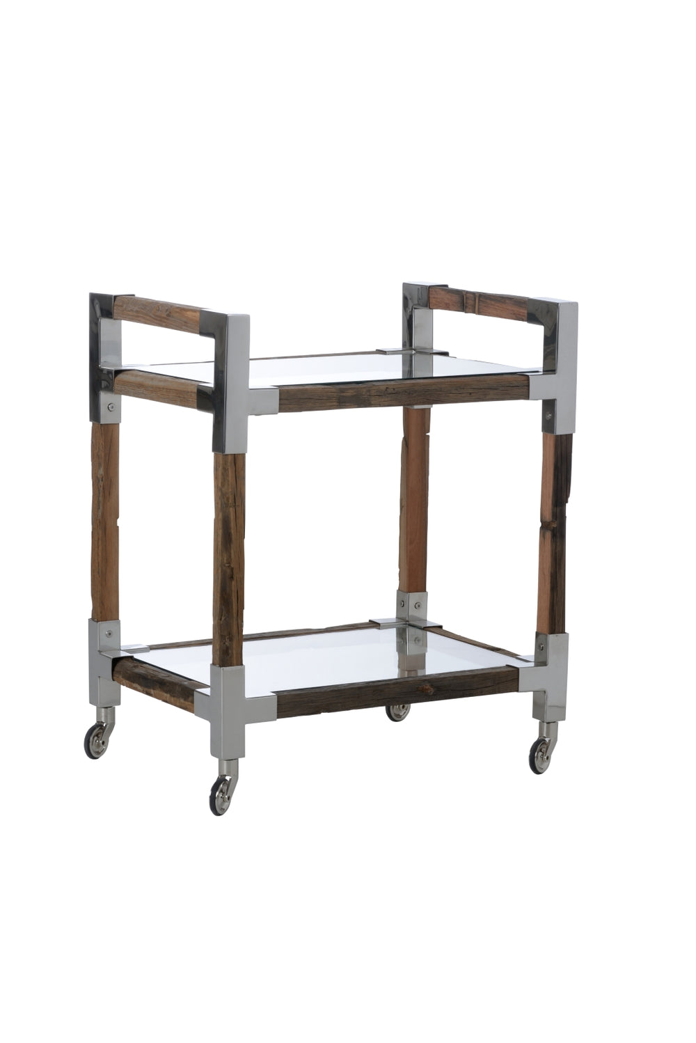 Rustic Glam Bar Cart – Reclaimed Wood & Glass Shelves, Polished Nickel Accents, Mobile Entertaining