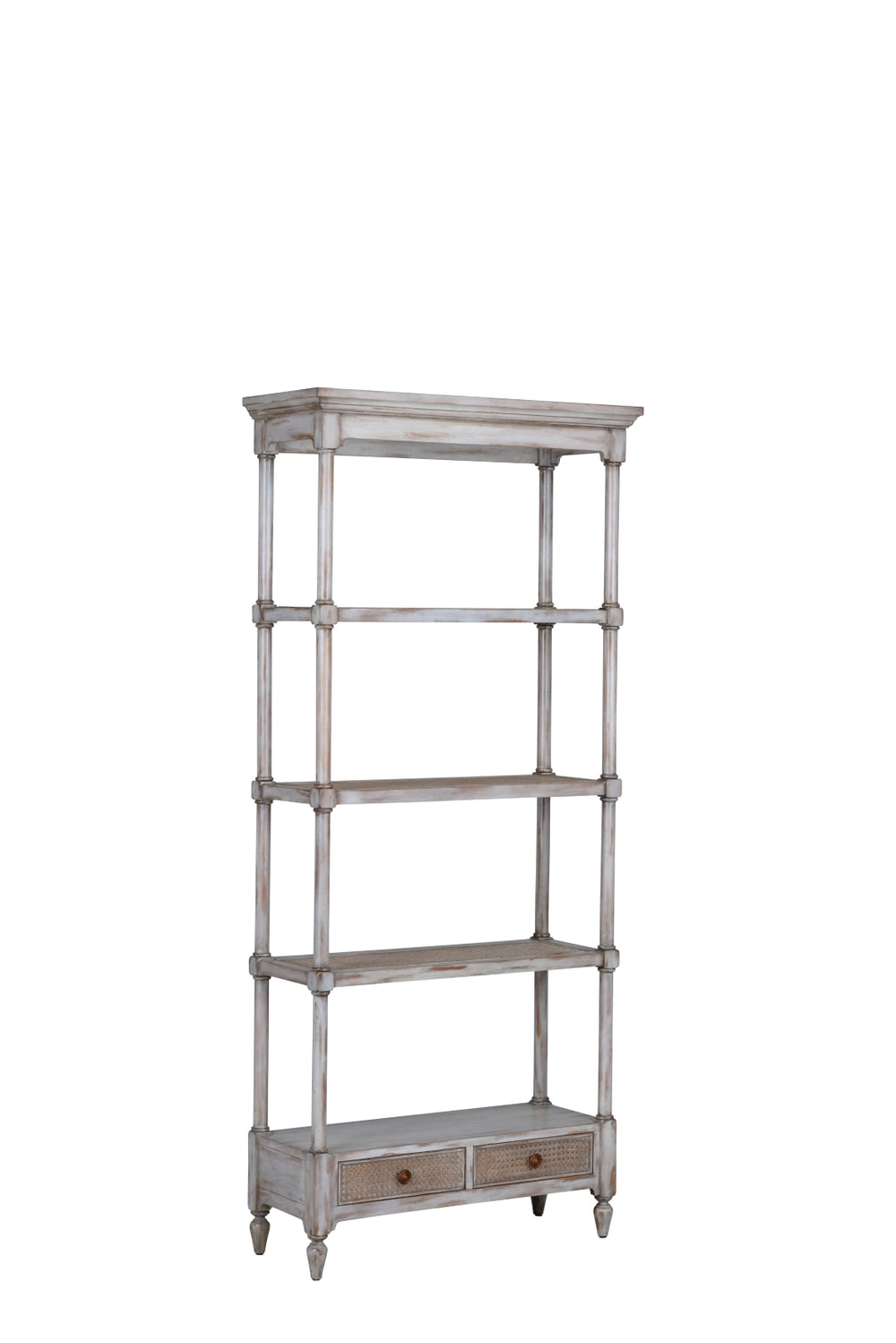 Summer House Etagere – Elegant Gray Washed Display Shelf with 4 Tiers & 2 Drawers for Decor Storage