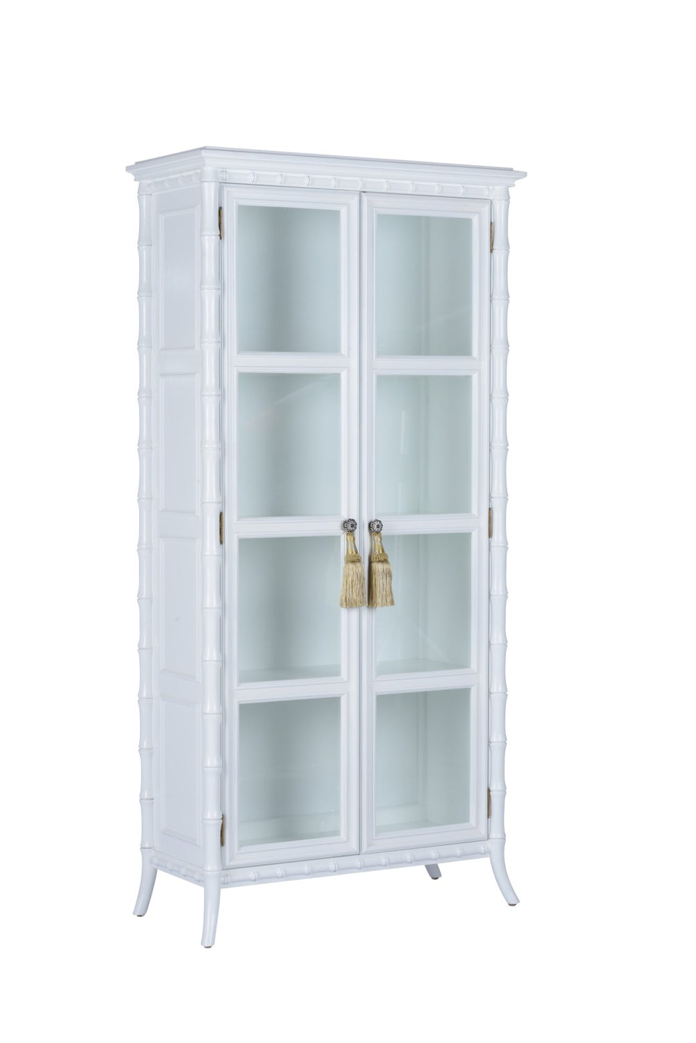 Nights In White Linen Cabinet - Elegant Bamboo Design with Glass Doors & Gold Tassel Pulls for Storage