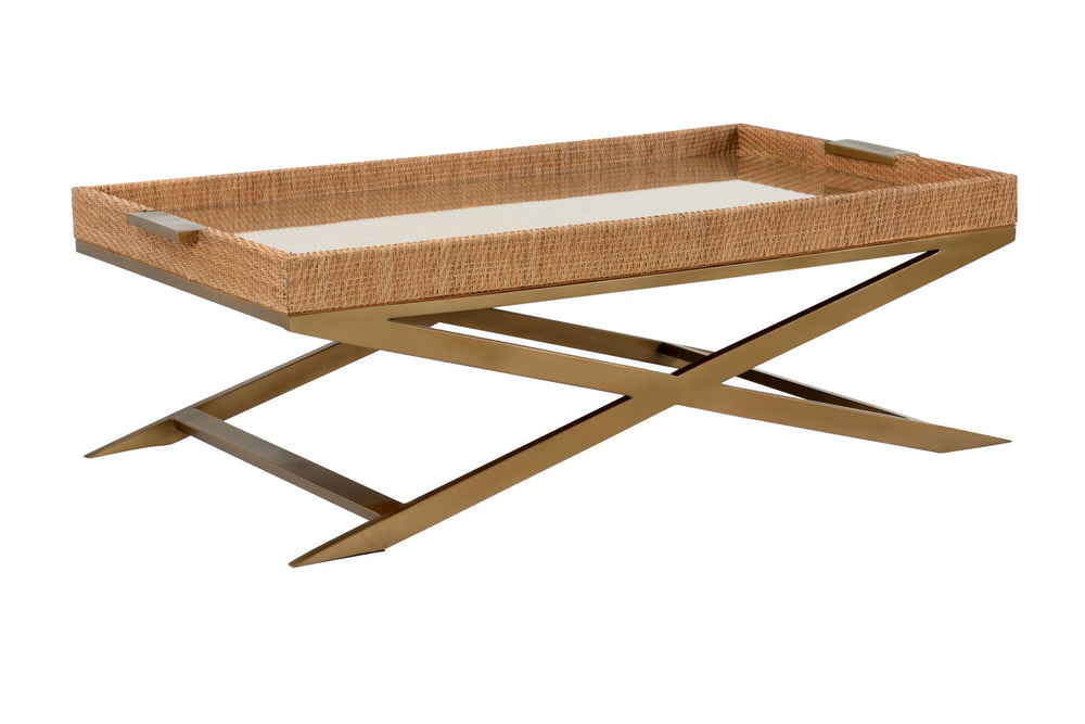 Vieux Carre Coffee Table: Elegant Cane Tray Top with Clear Tempered Glass for Coastal Living Spaces