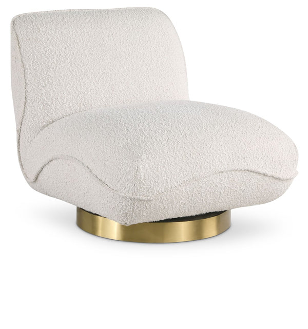 Geneva Boucle Fabric / Eucalyptus Wood / Stainless Steel / Foam Contemporary Cream Boucle Fabric Swivel Accent Chair - 29" W x 35" D x 27.5" H