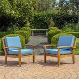 Peyton Outdoor Wooden Club Chairs w/ Blue Cushions Noble House