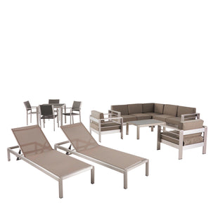Noble House Cape Coral Outdoor Estate Collection - 4-Seat Dining Set, 3-Piece Sectional Sofa Set, 2 Club Chairs, 2 Chaise Lounges, Coffee Table - Aluminum - Silver, Gray, Khaki